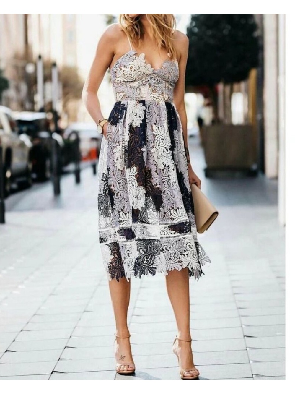 Self-Portrait Navy and Ivory Lace Midi Dress